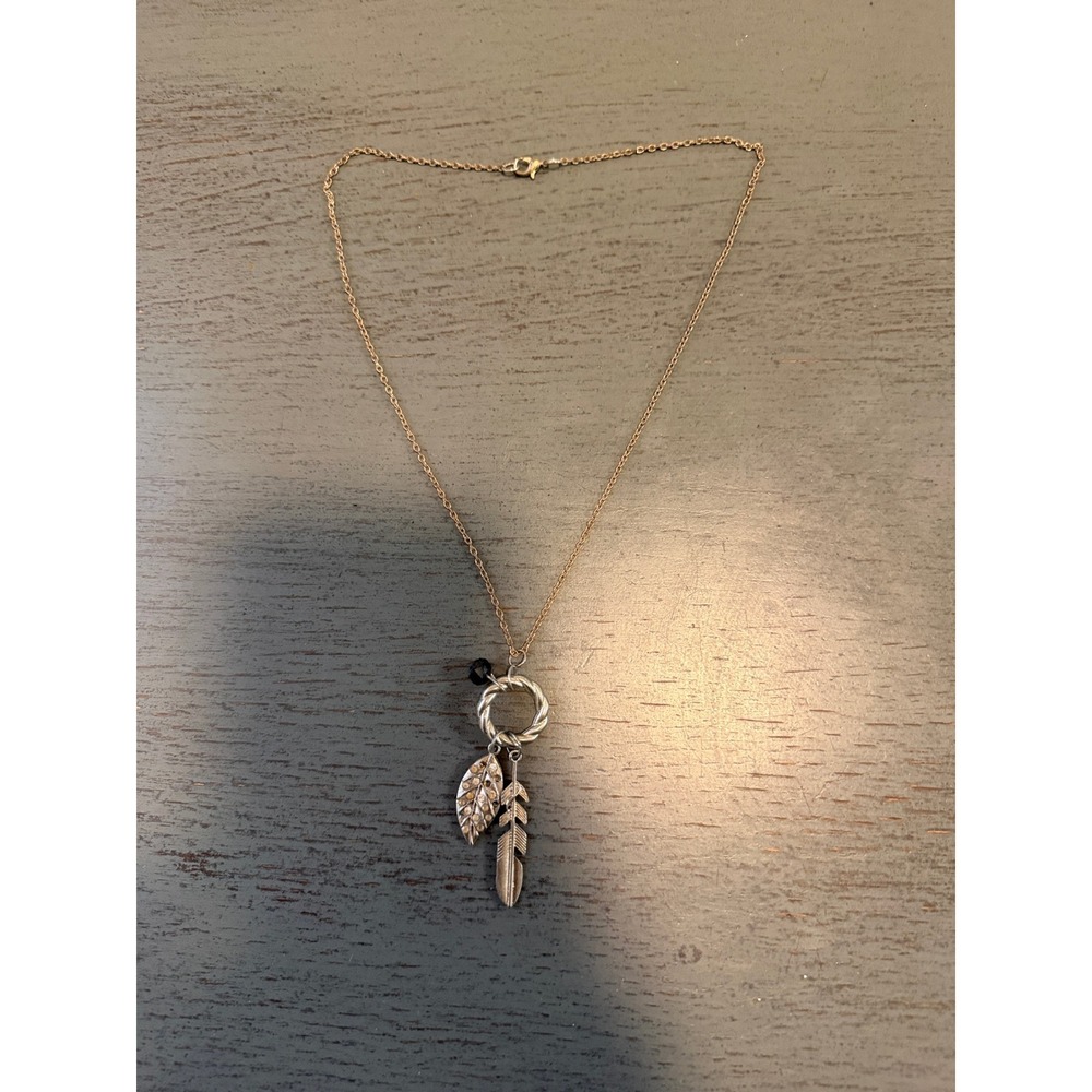 Boho Silver Tone Feather and Rhinestone Leaf Charm Pendant Necklace Black Bead